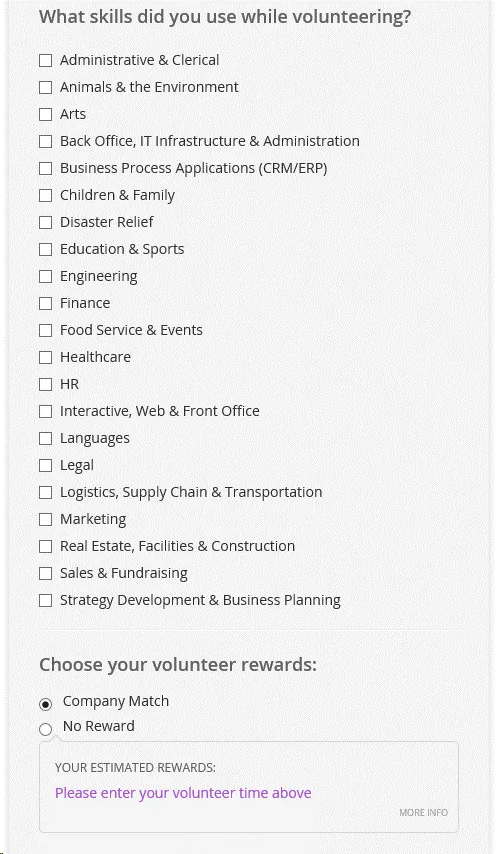 Input your volunteer date and the number of hours, then select “Company Match”